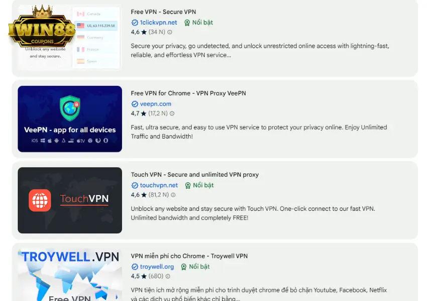 Danh sách VPN miễn phí tốt trên cửa hàng Chrome