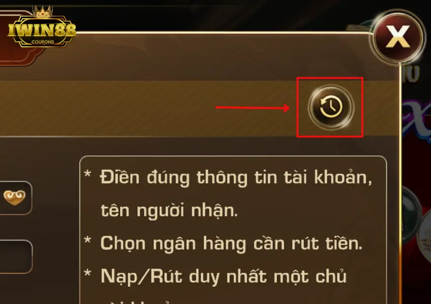 Nhấn vào Icon như hình để vào lịch sử giao dịch