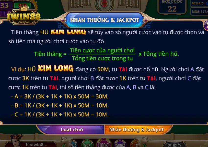 Ví dụ tính tiền nổ hũ Kim long